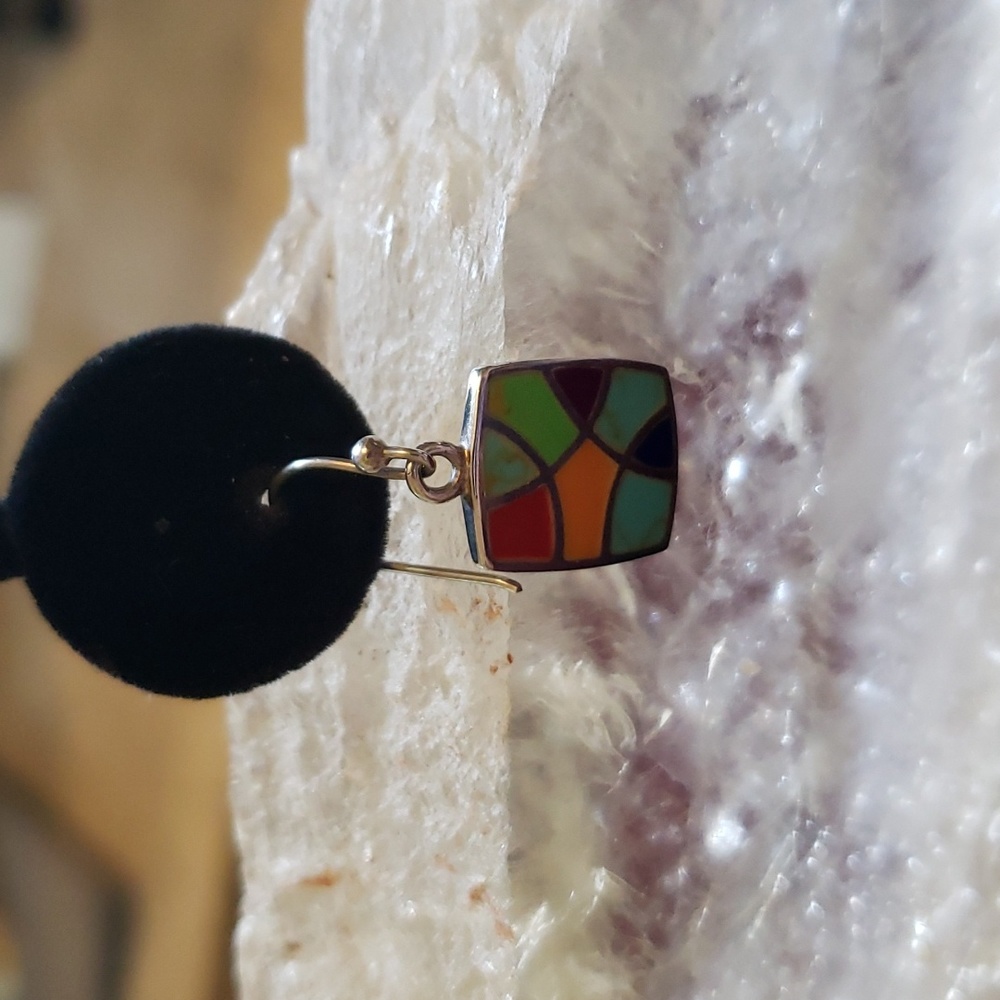 Vintage Inlaid Sterling Multi Stone Southwestern Handcrafted Artisan Earrings - Picture 3 of 11